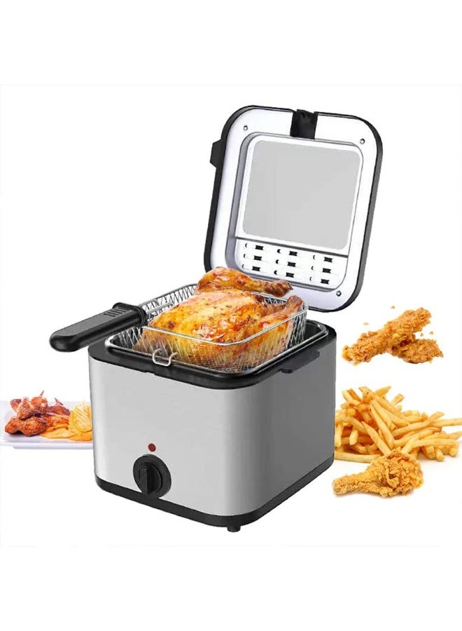 دينكس مقلاة كهربائية منزلية صغيرة سعة 2.5 لتر، عالية الطاقة 1000 واط، متعددة الوظائف، مصنوعة من الفولاذ المقاوم للصدأ، لتحضير الكباب والبطاطس المقلية، فرن قلي كهربائي تجاري (فضي). - Image 1